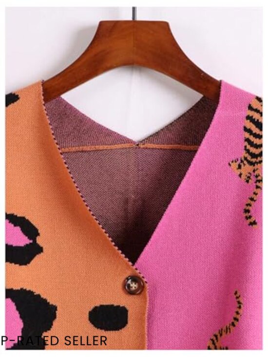 V-Neck Cardigan Sweater Coat Animal Print Color Block Button Down Soft - Picture 4 of 6